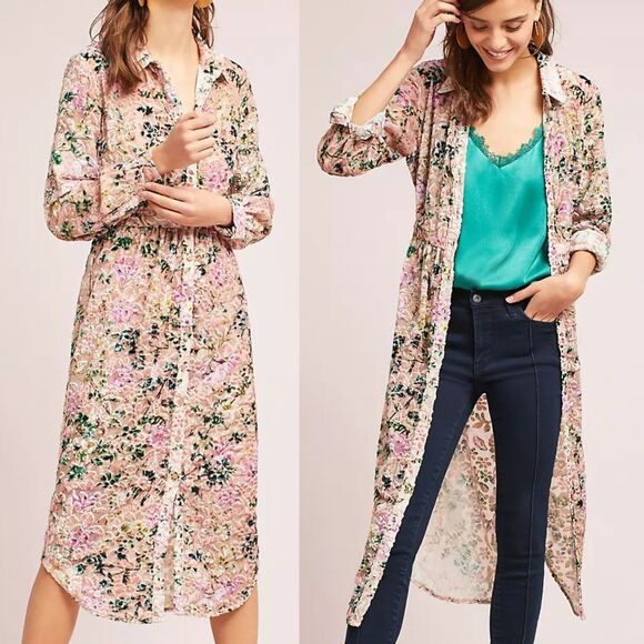 Hemant & Nandita Floral Velvet Midi Dress Triana Button Front Semi Sheer Small - Picture 1 of 10